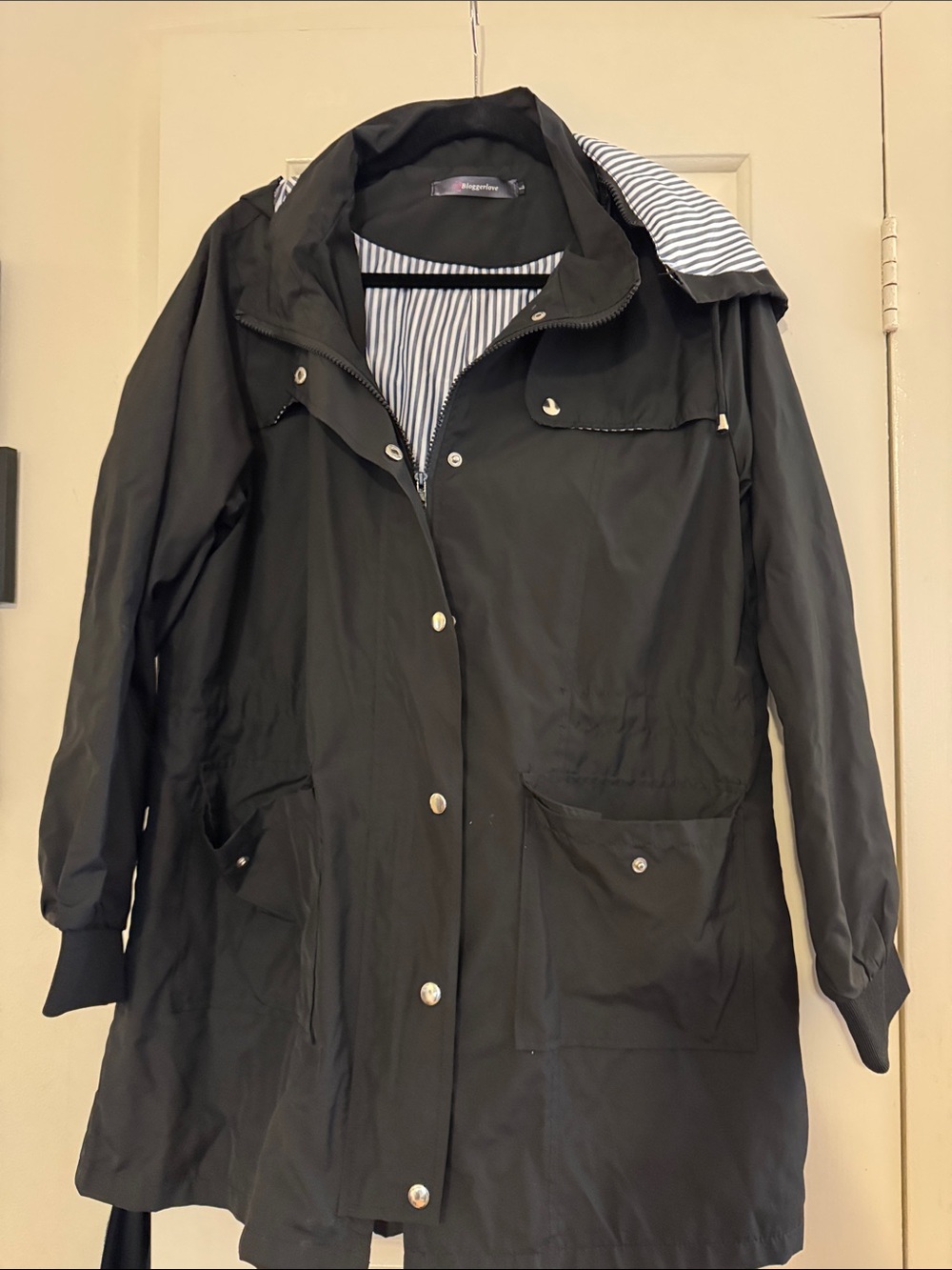 Black Rain Jacket with Striped Lining - Women’s Lightweight Coat